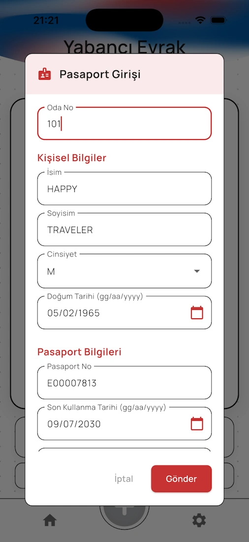 KBS Mobil uygulamasında pasaport ve kişisel bilgilerin girildiği form ekranı